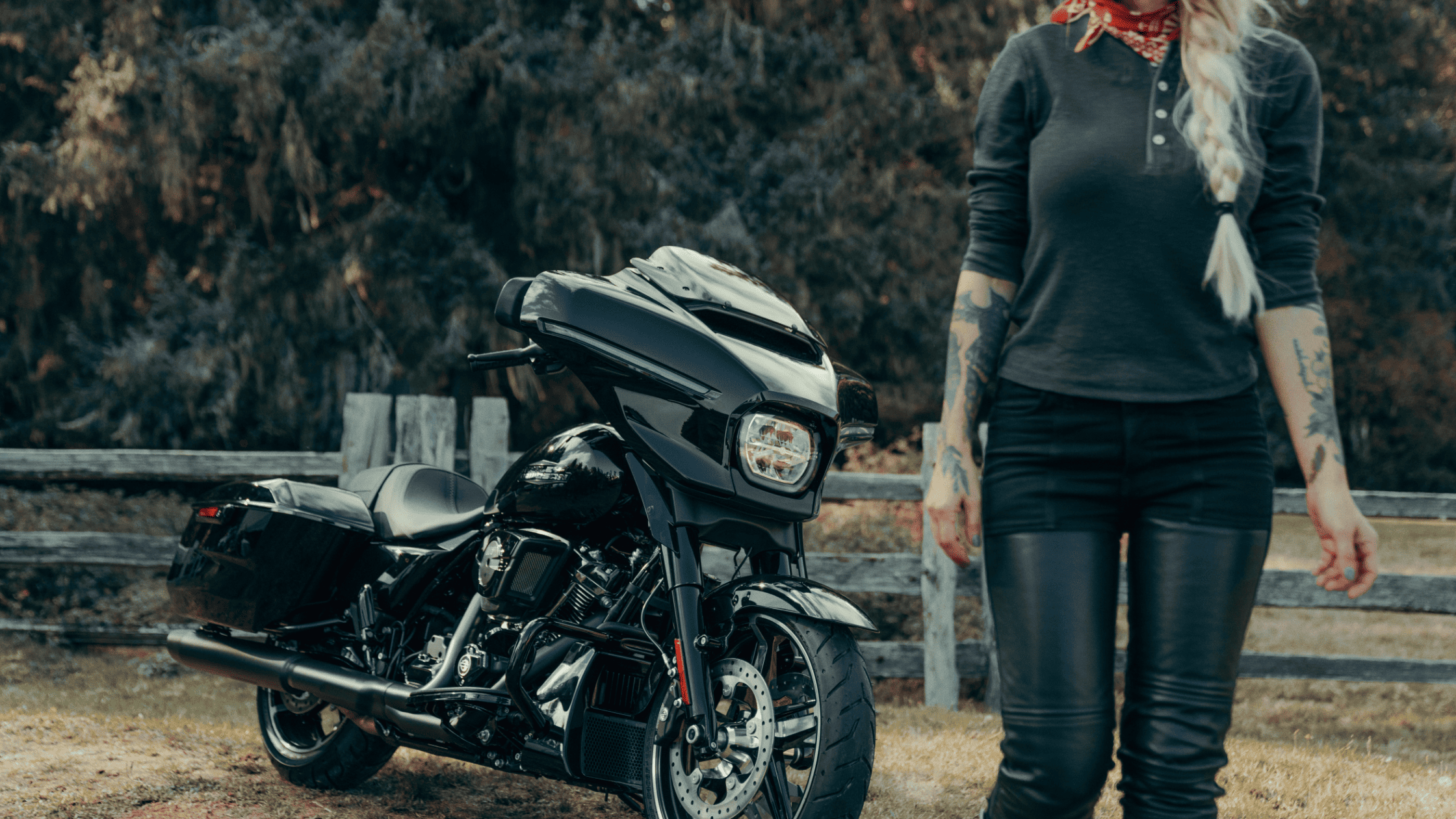 2025 Harley-Davidson Street Glide parked on grass with a rider standing nearby in leather gear