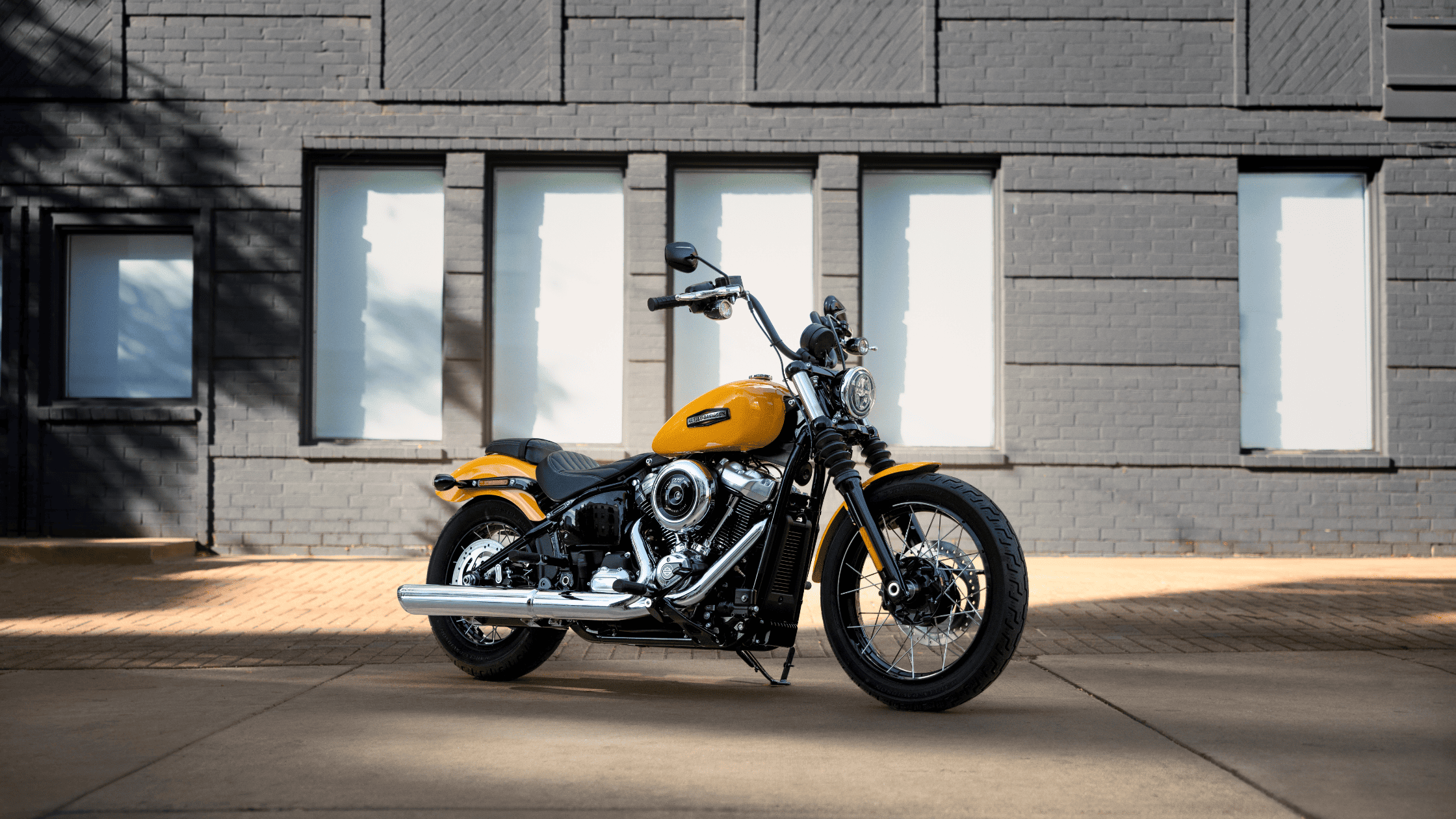 2025 Harley-Davidson® Street Bob® parked on sidewalk in front of gray brick wall with windows