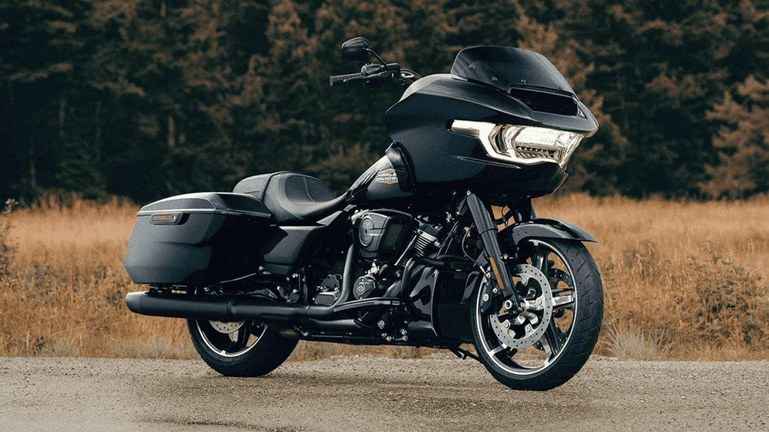 A sleek black 2025 Harley-Davidson&reg; Road Glide&reg; showcased on a dirt path with a scenic forest backdr...